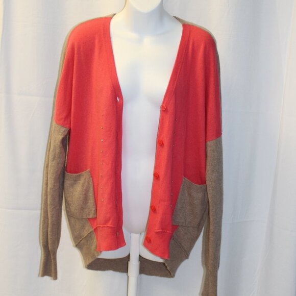 Garnet Hill Women’s Colorblock Cashmere Cardigan Size Medium Coral Pink and tan - Picture 14 of 16